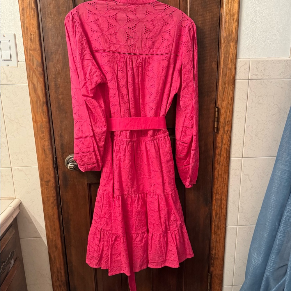 Terani Couture Hot Pink Eyelet Long Sleeve Belted Midi Dress - Picture 2 of 4